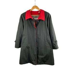 Kristen Blake Womens Black Trench Coat With Red Collar & Plaid Lining XS